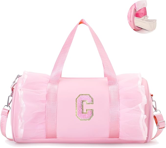 Personalized Dance Bag for Girl | Small Initial Gym Sport Yoga Cheer Duffle Bags Gift for Teen Girls | Chenille Letter Kids Ballet Bag Preppy Stuff Toddler Girl Birthday Gift (Pink C, SMALL)
