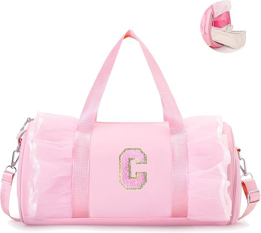 Personalized Dance Bag for Girl | Small Initial Gym Sport Yoga Cheer Duffle Bags Gift for Teen Girls | Chenille Letter Kids Ballet Bag Preppy Stuff Toddler Girl Birthday Gift (Pink C, SMALL)