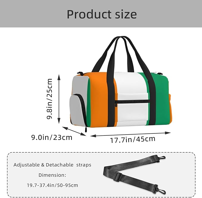Flag of Cote d'Ivoire Print Gym Bag with Shoe Compartment for Women Men, 17.7in Sports Duffle Weekender Tote, Overnight Travel Duffel Bag Carry On