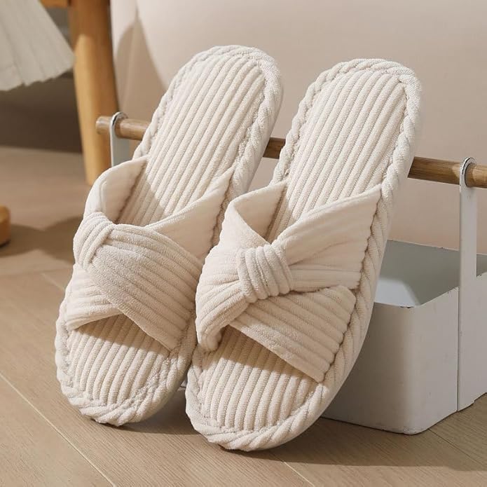 House Slippers for Women Corduroy Cross Bow Indoor Slippers Open Toe Slip On Bedroom Shoes with Memory Foam