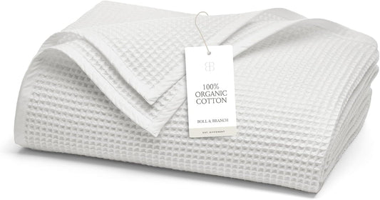 BOLL & BRANCH Waffle Bed Blanket - King/Cal King, White - Luxury 100% Organic Cotton - Soft, Lightweight and Breathable - Textured Waffle Weave