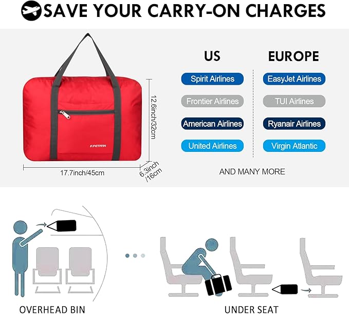 F.FETIVIN Personal item travel bag 17.7x12.6x6.3 for Spirit Airlines Lightweight carry on duffle bag water resistant for Gym,Sports,Vacation(Red)