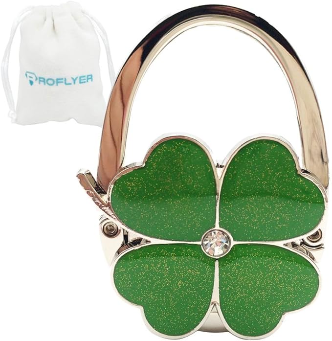Four Leaf Clover Design Foldable Handbag Hanger Folding Purse Table Hook Holder, with Velvet Pouch(Green)