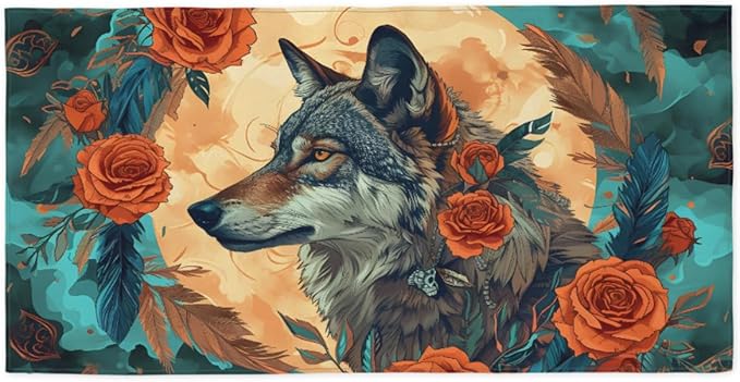 Rose Flower Wolf Feather Beach Towel, Large Microfiber Quick Dry Lightweight Pool Bath Towels Sand Free Beach Blanket for Summer Cruise Yoga Camping Travel Vacation Essentials 31 x 61 in