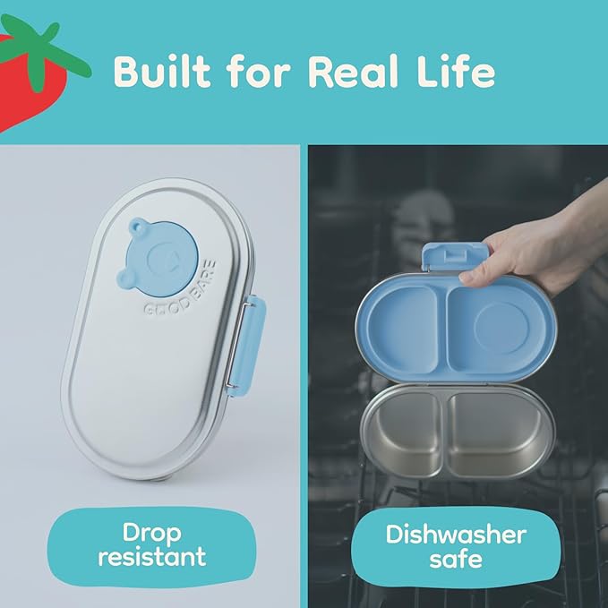 Good Bare Stainless Steel Snack Container for Kids – 2 Compartment Metal Bento Box, Leakproof, Non-Toxic, Easy-Open Latch, Dishwasher Safe, Small Snack Pack, Perfect for On-the-Go (Sky Blue)