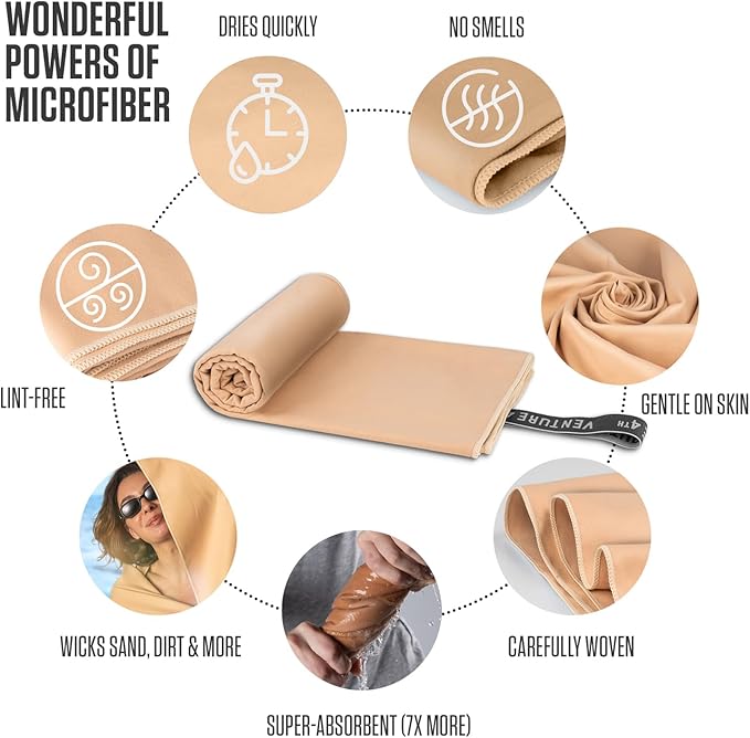 VENTURE 4TH Quick Dry Towel. Microfiber Travel Towel Ideal for Camping, Hiking, Backpacking, Gym. Lightweight & Fast Drying Travel Towels for Body. Compact & Easy to Pack - Beige Large