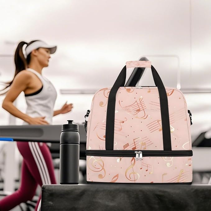Pink Music Notes Large Weekender Bag with Shoe Compartment Travel Duffel Bags for Women Carry On Hospital Overnight Bag Foldable Personal Item Travel Bags Tote Gym Sports Airplanes