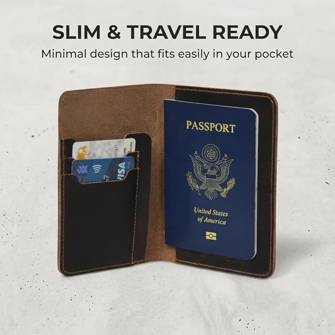 Rustique Leather Passport Holder Collection - Handmade Travel Wallet & Organizer - Full Grain Crazy Horse Leather Covers for Men & Women (Multiple Styles) (Vertical Wallet - Smoky Bourbon)