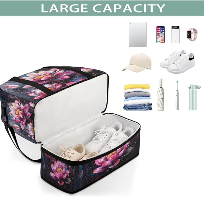 Pink Oil Painting Lotus Large Weekender Bag with Shoe Compartment Travel Duffel Bags for Women Carry On Hospital Overnight Bag Foldable Personal Item Travel Bags Tote Gym Sports Airplanes