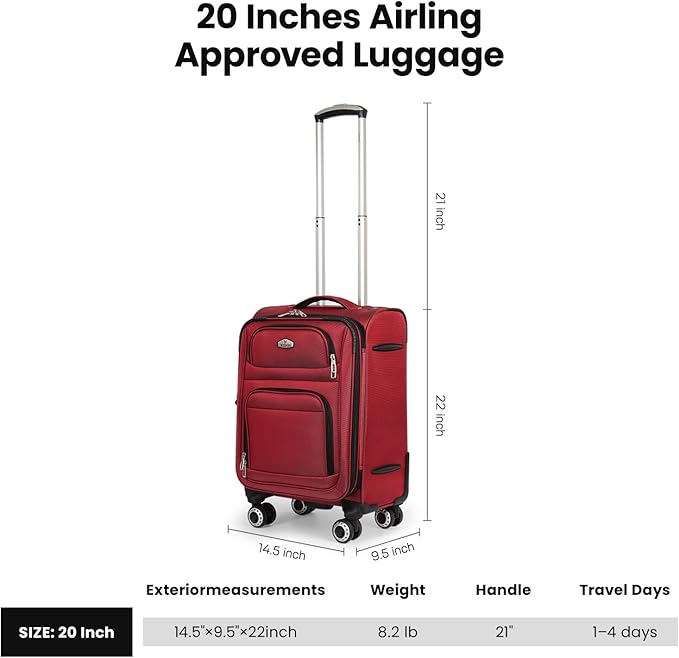 20'' Carry on Luggage,Softside Suitcase w/Combination LOCK,Expandable 15% Luggage w/Double Spinner Wheels,Lightweight Rolling Suitcases for Men/Women（Red,20in）