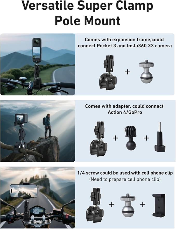 TELESIN Camera Clamp Mount Bike Motorcycle Handlebar Mounts Accessories, 360 Ball Joint Tube Roll Bar Holder Clip for DJI Osmo Action 6/Osmo Nano/Action 5 4 Pro/Hero 13 12 11 10 9 8 7/Insta 360 X5 X4