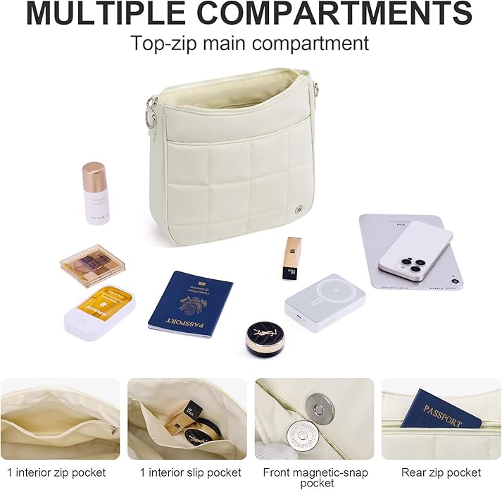 Anti Theft Crossbody Bags for Women,Quilted Puffer Travel Purses Shoulder Hobo Bag Handbag with Guitar Strap