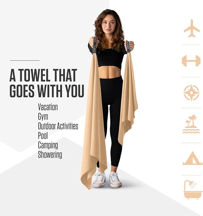 VENTURE 4TH Quick Dry Towel. Microfiber Travel Towel Ideal for Camping, Hiking, Backpacking, Gym. Lightweight & Fast Drying Travel Towels for Body. Compact & Easy to Pack - Beige Large