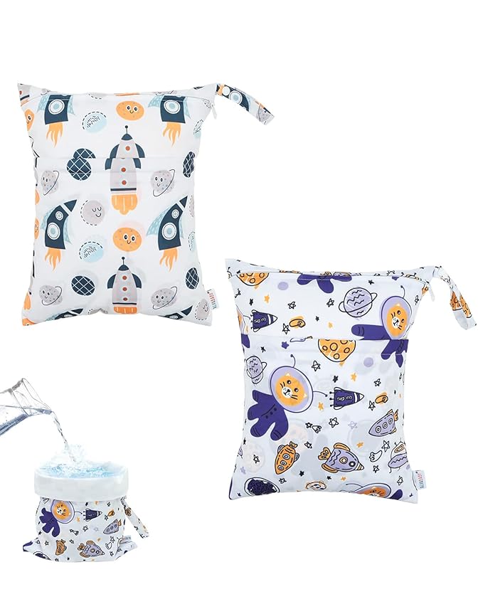 ALVABABY 2pcs Waterproof Wet Dry Bags,Reusable with Two Zippered Pockets,Baby Cloth Diaper,Travel,Beach,Pool,Daycare,Soiled Baby Items,Yoga Gym Bag,Swimsuits or Wet Clothes 2LW03