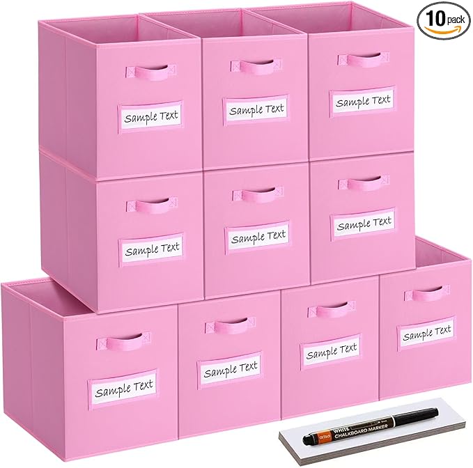 artsdi 13x13 storage cube bins (Set of 10) Foldable Fabric storage cubes with 10 Labels Window Cards & a Pen,13 inch cube storage bins,Closet Organizers for Shelves,Cubby Organizer Boxes,Light Pink