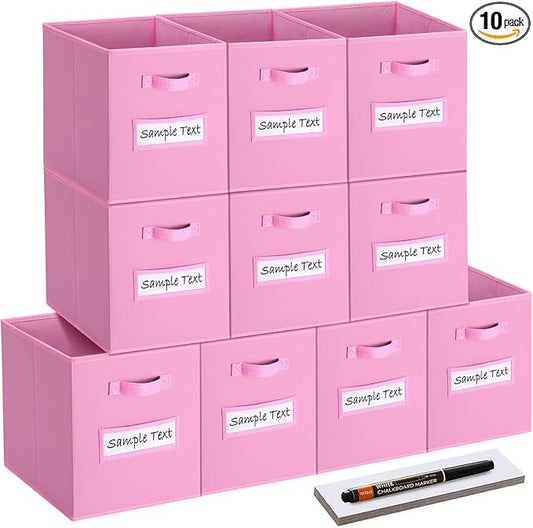 artsdi 13x13 storage cube bins (Set of 10) Foldable Fabric storage cubes with 10 Labels Window Cards & a Pen,13 inch cube storage bins,Closet Organizers for Shelves,Cubby Organizer Boxes,Light Pink