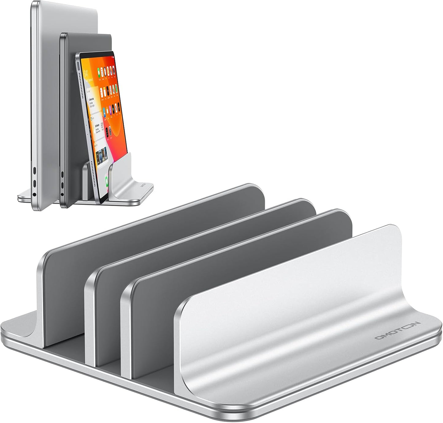 OMOTON 3-Slot Vertical Laptop Stand, Desktop Aluminum Stand for MacBook with Adjustable Dock Size, Fits All MacBook, Surface, Chromebook and Gaming Laptops (Up to 17.3 inches), Bright Silver