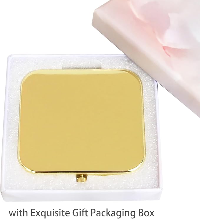 Small Compact Mirror, Gold Square 2.8”×2.8” Metal Frame Smooth Style Double Sided Mini Magnifying 1X/2X Mirror for Purse Can be Used as Gifts for Woman (Gd01)