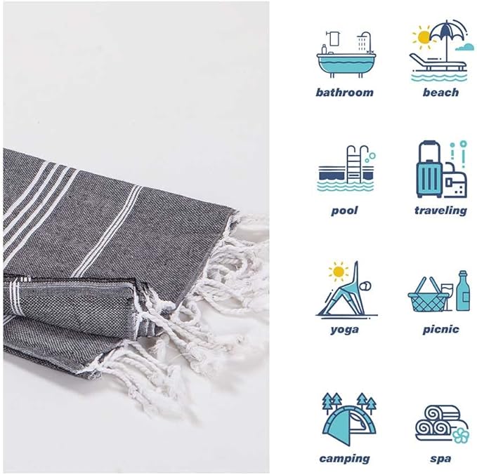 Hencely Turkish Beach Towel 37x68 Oversized, Sand-Free, Quick-Dry, Lightweight - Travel Essential for Pool & Bath - Striped 100% Cotton Bathroom Towels Accessories Gift (Black)