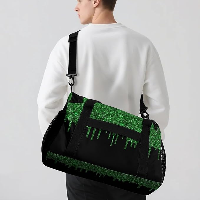 Green Black Sparkle Glitter Print Waterproof Duffel Bag Gym Dance Sport Perform Training Travel Bag for Teens Adults Women Men Multifunctional Backpack