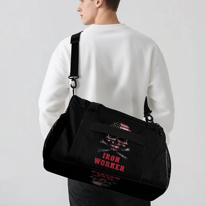 Skull Iron Worker U.S.A Flag Duffle Bag Gym Bag for Workout Travel Tote with Detachable Straps