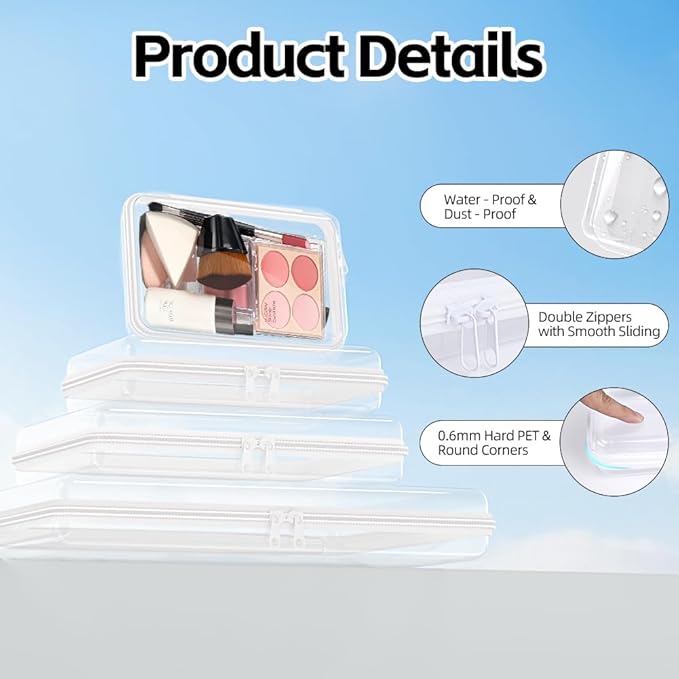 4Pcs Clear Hard Shell Zipper Case -Transparent Pouch Bag Storage Case Plastic Packing Cube Sided Organizer Container Box, Lightweight Foldable for Travel, Pencil, Cosmetics, Toiletry, Toy(SMLXL)