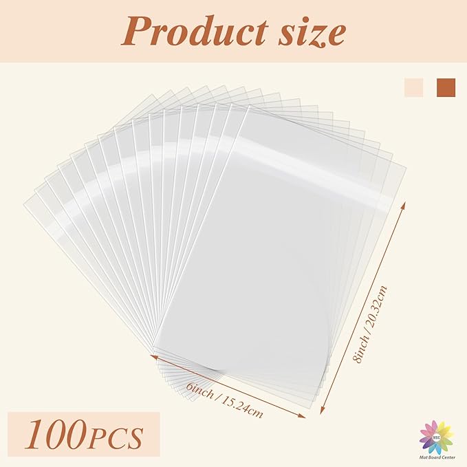 Mat Board Center 6x8 Inches Crystal Clear Sleeves Storage Bags, 100 Pack Self Sealing Cellophane Bags for 6x8 Prints, Photos, Cards