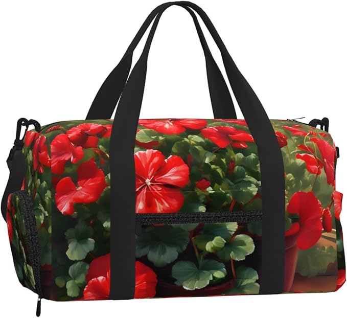 Red geraniums Print Gym Bag with Shoe Compartment for Women Men, 17.7in Sports Duffle Weekender Tote, Overnight Travel Duffel Bag Carry On