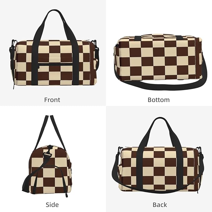 Sports Gym Bag Brown Checkerboard Grid Pattern Travel Duffel Bag With Shoe Compartment Shoulder Strap, Lightweight Water-Resistant Weekend Overnight Totes For Women Men
