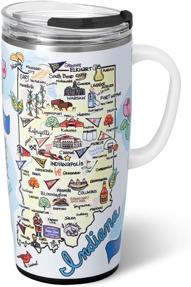 Swig Life 22oz Travel Mug, Insulated Tumbler with Handle and Lid, Travel Coffee Mug, Cup Holder Friendly, Stainless Steel 22 oz Tumbler, Reusable Insulated with Lid (Indiana)