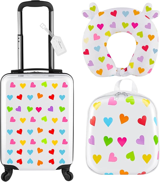 Sanwuta 4 Pcs Kids Luggage Set Rolling Suitcase Backpack U-shaped Pillow Kids Carry On Gift for Summer Travel Family Trip(17 Inch,Heart Style,White)