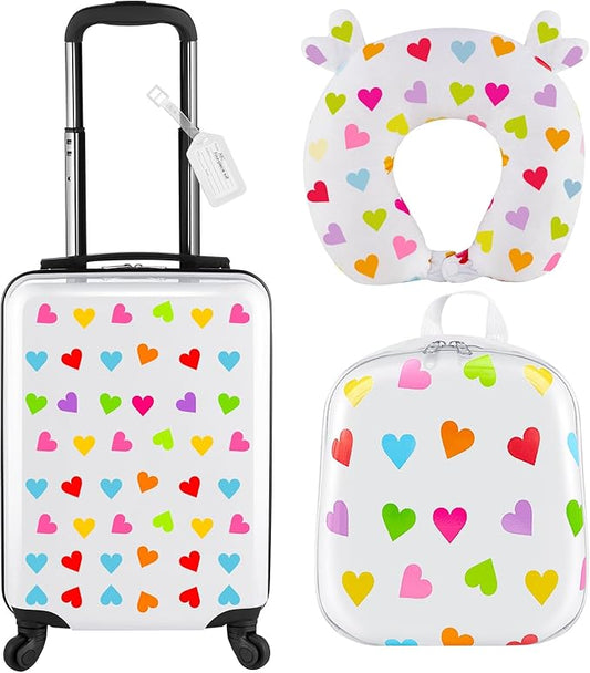 Sanwuta 4 Pcs Kids Luggage Set Rolling Suitcase Backpack U-shaped Pillow Kids Carry On Gift for Summer Travel Family Trip(17 Inch,Heart Style,White)