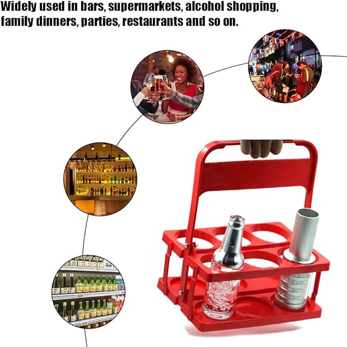 Portable Plastic Drink Carrier,Reusable Red Beer Bottle Coffee Cup Holder,Tea Bottle Drink Caddy for Delivery,6 Holes Cup Holders with Handle for Catering Restaurant Travel Car