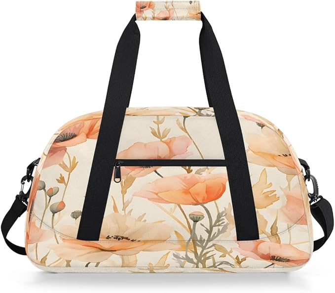 Sports Duffel Bags, Peach Poppy Watercolor Water-Resistant Gym Duffle Bag for Men Women, Lightweight Weekender Overnight Bag for Fitness, Workout, Travel