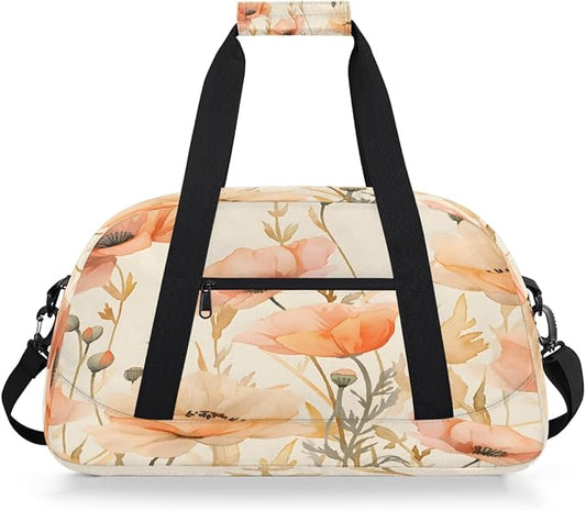 Sports Duffel Bags, Peach Poppy Watercolor Water-Resistant Gym Duffle Bag for Men Women, Lightweight Weekender Overnight Bag for Fitness, Workout, Travel