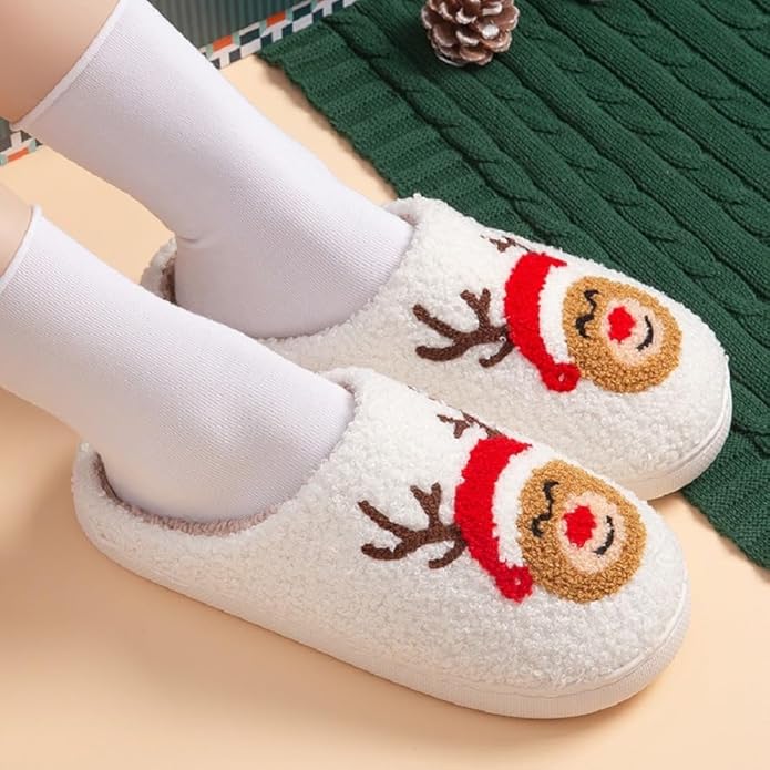 Unisex Xmas Elk Shoes Santa Reindeer Cute Strawberry Cartoon Christmas Tree Pink Bow Memory Foam Soft Plush House Slippers Indoor/Outdoor