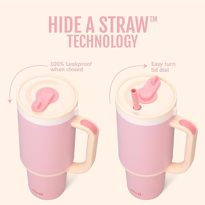 Ello Oasis 30 oz Tumbler with Handle & Retracting Straw | Reusable Insulated Stainless Steel Cup 100% Leakproof, Gifts for Teens Women Men | Keeps cold for 24 Hours, Cup Holder Friendly, Pink Gingham