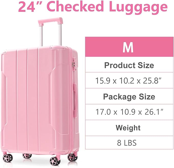 24 Inch Hardshell Luggage Lightweight Checked Luggage, Pink Hardside ABS Suitcases with Double Wheels and TSA Lock, Medium Expandable 24-inch Carry on Luggages for Travel, Men, Women