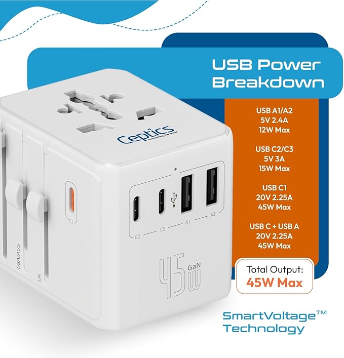 Ceptics Universal Travel Adapter for EU, UK, US, AU and More, 8 in 1 Travel Adapter, 2X US Socket, Universal Socket, 3X USB-C and 2X USB-A, 45W Fast Charge – UP-30KU-WH
