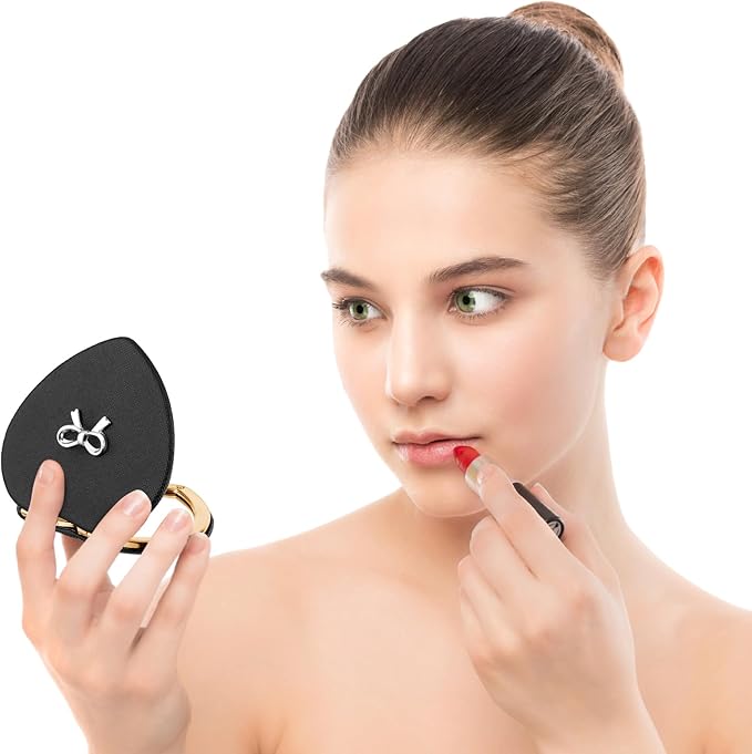 Compact Folding Heart Shaped Double-Sided 1X/2X Magnifying Mini Glitter Makeup Mirror with PU Leather for Women Home, Office and Travel (Gold)