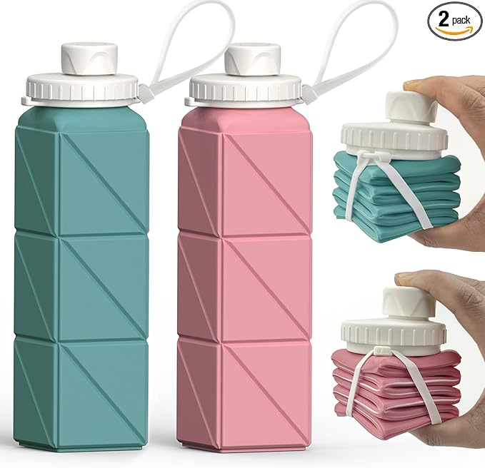 Collapsible Water Bottles 20.6oz 2 Pack, Silicone Foldable Portable Travel Water Bottle, BPA-free, Reusable Leakproof for Traveling Camping Hiking Cycling Sports Outdoor (Blue+Pink)