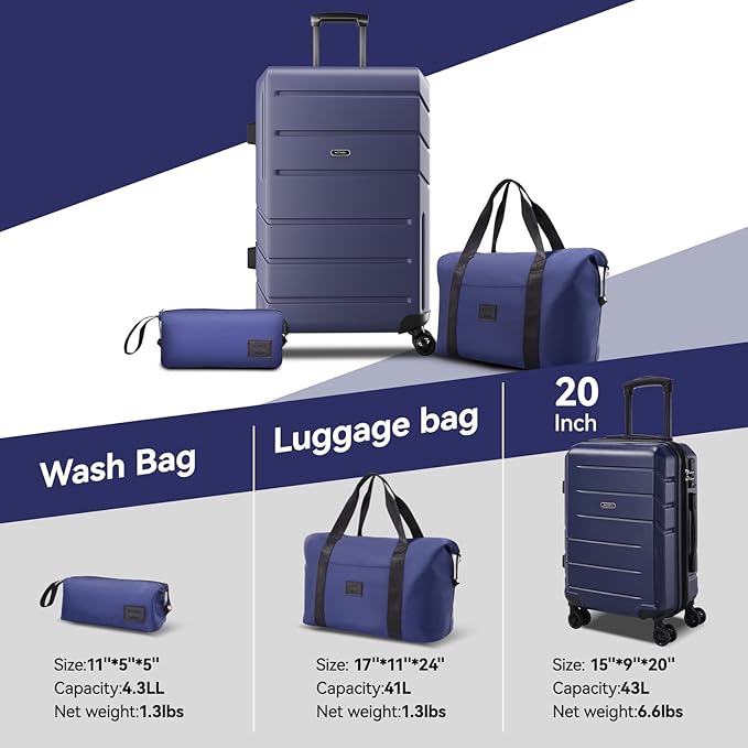 Hoteel Luggage Sets 3 Piece Expandable (4-YEARS WARRANTY) ABS+PC Hardshell Carry On Luggage Airline, Carry on Suitcase with Spinner Wheels & TSA Lock for Travel, Business, Dark Blue(20in/DB/TB)