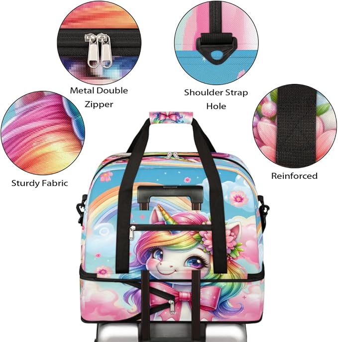 Rainbow Cute Animal Unicorn Large Weekender Bag with Shoe Compartment Travel Duffel Bags for Women Carry On Hospital Overnight Bag Foldable Personal Item Travel Bags Tote Gym Sports Airplanes