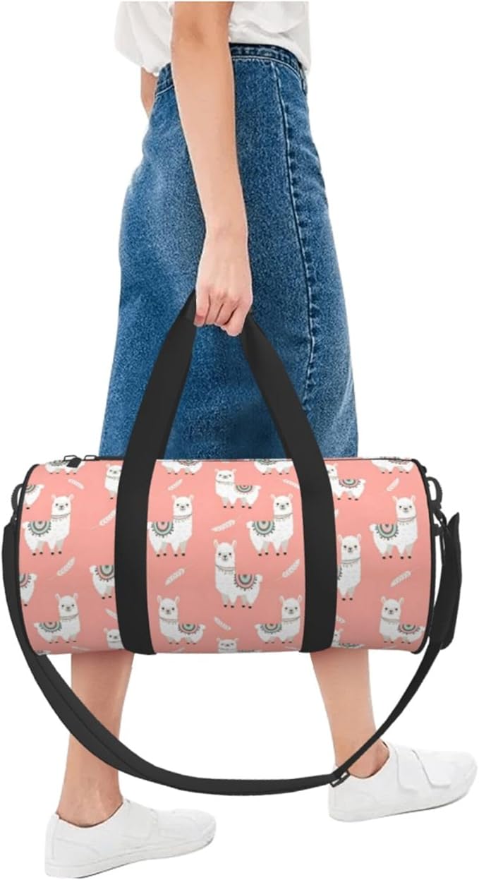 Gym Bag for Women Men, Small Fitness Sports Bag Waterproof Overnight Weekender Duffel Workout Bag Alpaca Llama Pink