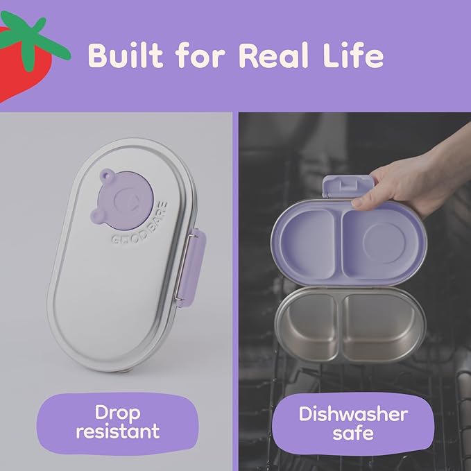 Good Bare Stainless Steel Snack Container for Kids – 2 Compartment Metal Bento Box, Leakproof, Non-Toxic, Easy-Open Latch, Dishwasher Safe, Small Snack Pack, Perfect for On-the-Go (Lavender Mist)