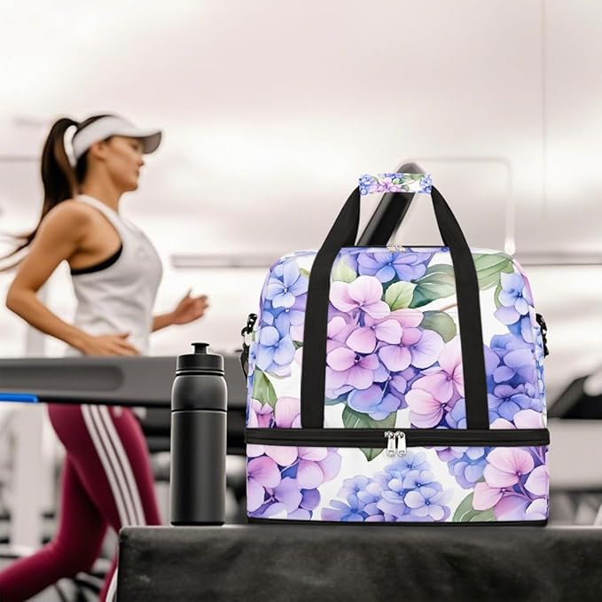 Purple Hydrangea Floral Flower Large Weekender Bag with Shoe Compartment Travel Duffel Bags for Women Carry On Hospital Overnight Bag Foldable Personal Item Travel Bags Tote Gym Sports Airplanes