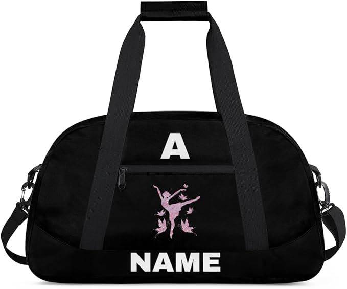 Personalize-Kids-Sports-Duffel-Bags With Custom Name Text Carry-On Overnight Travel Gym Lightweight Dance Pattern Sports Bags For Girls Boys Kids,Black