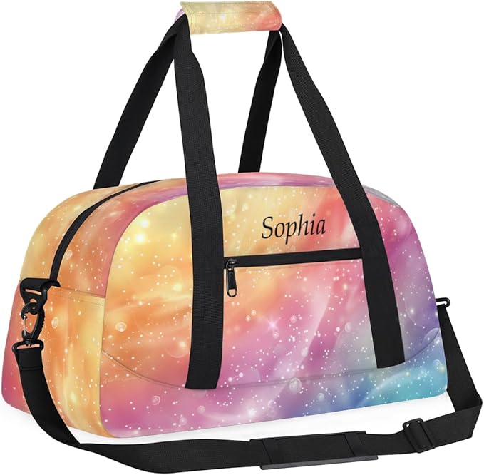 Custom Name Glitter Rainbow Girls Gym Travel Duffle Bag with Front Zipper Pocket Personalized Sports Bag for Overnight, Weekender, Carry On,Workout & Dance, 18.9 * 8.7 * 10.6 in