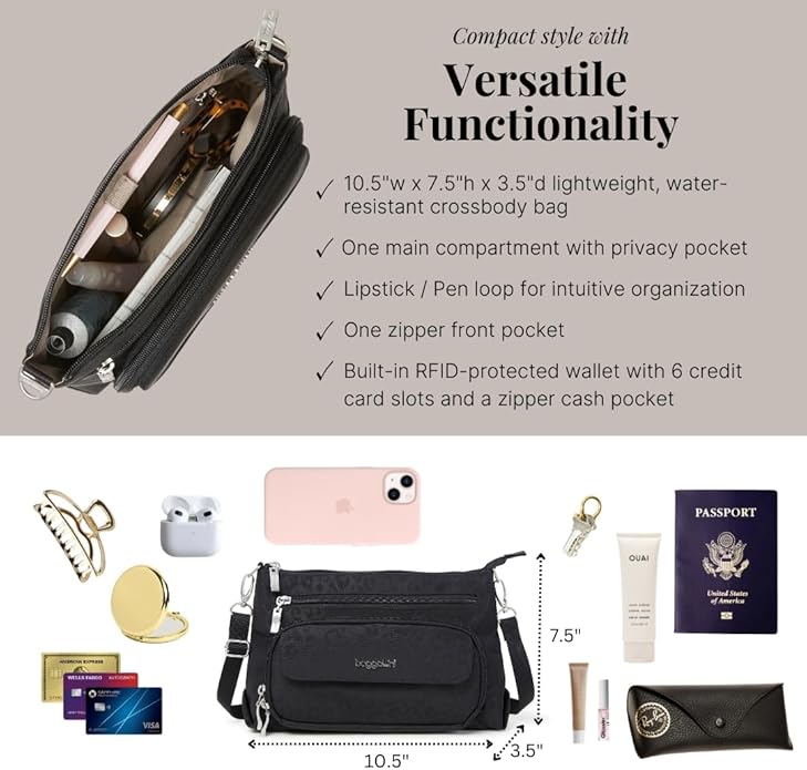 Baggallini Original Everyday 11x7.5 Crossbody Bags Rfid Protected Lightweight Nylon Zippered Travel Purse