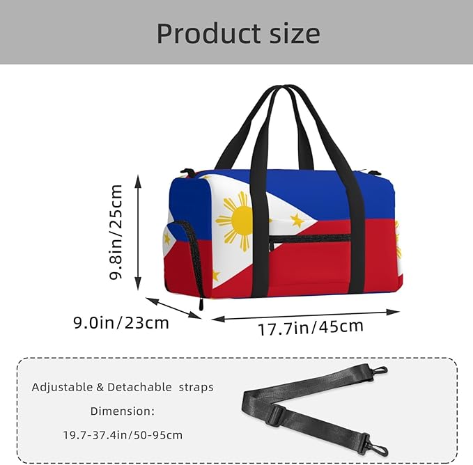 Philippine flag Print Gym Bag with Shoe Compartment for Women Men, 17.7in Sports Duffle Weekender Tote, Overnight Travel Duffel Bag Carry On